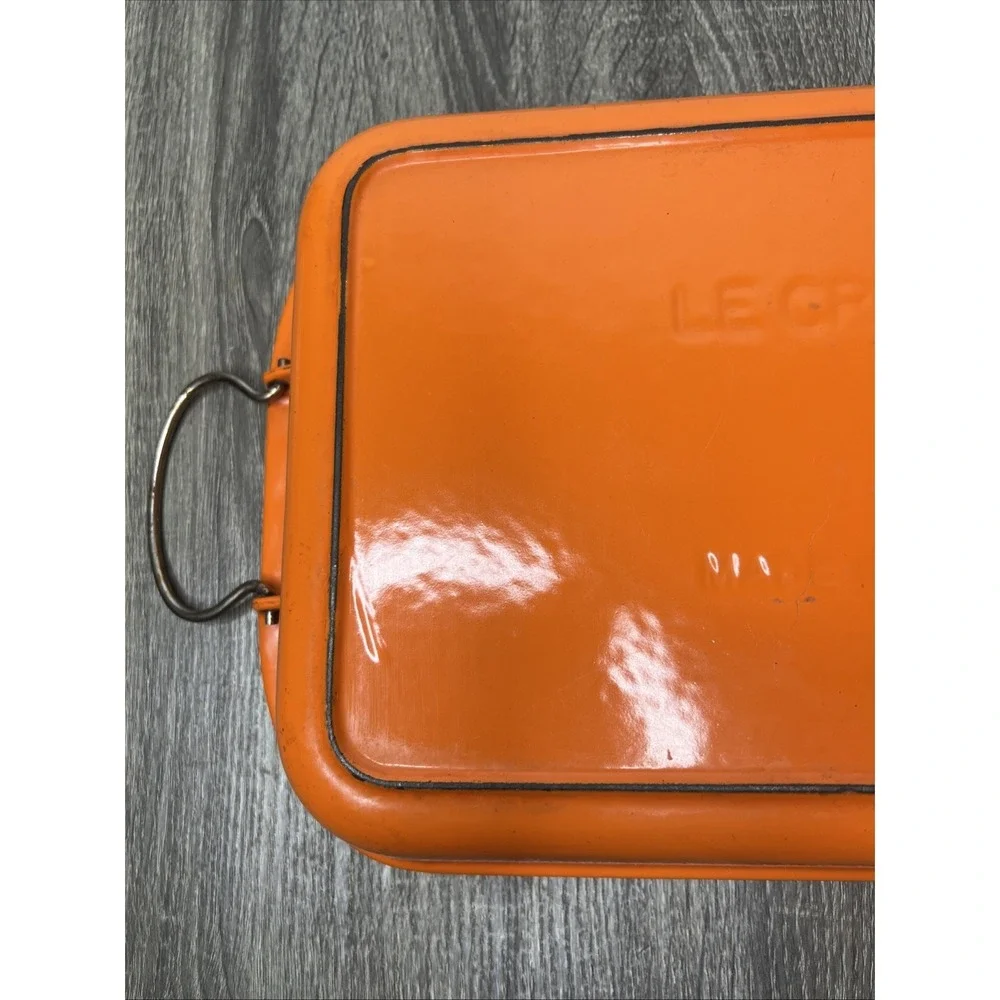 VTG Le Creuset France Orange Casserole Lasagna Pan Enameled Bail Handles Large - Picture 2 of 16